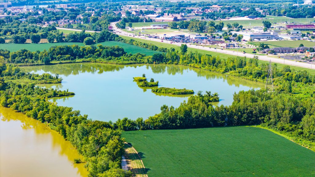 Aerial view of Osprey Lake with its small wooded islands