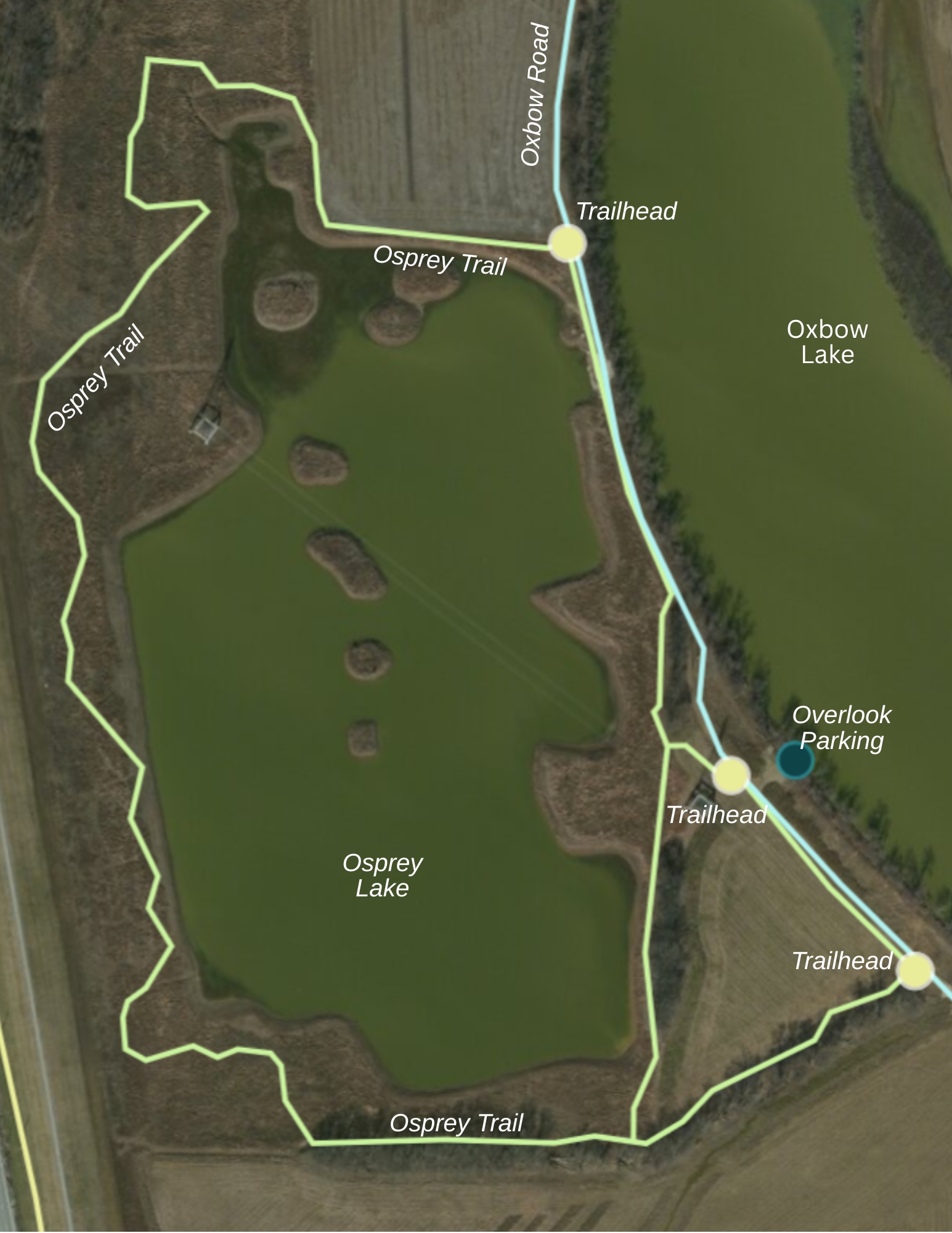 Osprey Trail map: the trail loops around Osprey Lake with three trailheads on Oxbow Road, one beside Overlook Parking