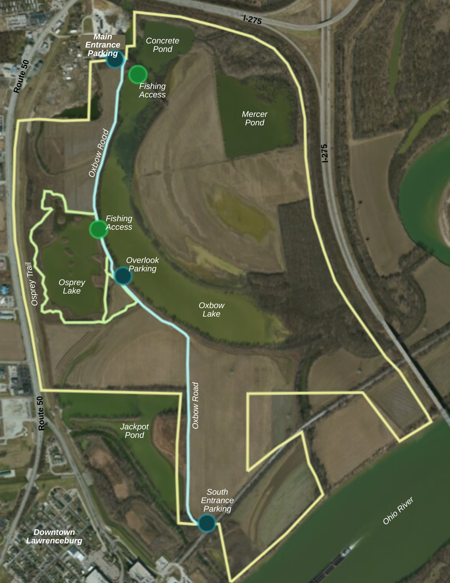 Map of the Oxbow west property open to the public: Main Entrance, Overlook and South Entrance parking along Oxbow Road, two fishing access points, Osprey Lake and Oxbow Lake, between Route 50 and I-275 above the Ohio River